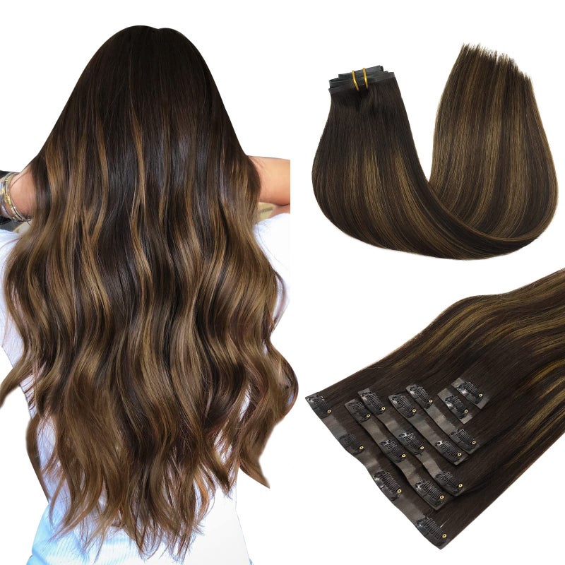 MAXITA Remy Human Hair Seamless Clip in Extensions 14 Inch 7PCS 110g Balayage Dark Brown Mixed Chestnut Brown Invisible Natural Straight Hair for Women